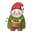 Hand-drawn illustration of Christmas gnome playing musical drum instrument. Cute clip art for winter holidays greeting Royalty Free Stock Photo