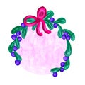 Hand drawn illustration of christmas mistletoe shape frame with leaves ribbon bow on pink background. Oil paint texture Royalty Free Stock Photo