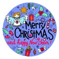 Hand-drawn round frame with Christmas elements: presents, omela, angel, holly berry, sweets, christmas balls