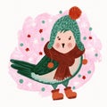 Hand drawn illustration of Christmas winter bird in hat scarf boots. Holiday cardinal bullfinch cartoon funny character