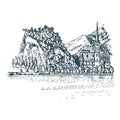 Hand drawn illustration of church on mountain lake