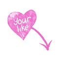 Hand drawn illustration of click here your like pink heart shape sticker. Words in white written on pastel round blob