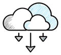 Hand drawn illustration of a cloud download icon depicting data transfer and digital storage for internet technology Royalty Free Stock Photo