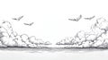 Birds flying through majestic clouds, black and white sketch art Royalty Free Stock Photo