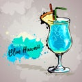 Hand drawn illustration of cocktail blue hawaii. Royalty Free Stock Photo