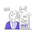 Hand drawn illustration of a coder developing PHP application with coding window and software tools. Royalty Free Stock Photo