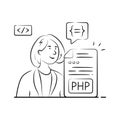Hand drawn illustration of a coder developing PHP application with coding window and software tools. Royalty Free Stock Photo