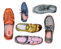 Hand drawn illustration of coloful shoes