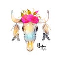 Colorful bull`s head in boho style.