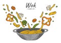 Doodle illustration of Chinese food wok. Flying vegetable ingredients on noodle plate.