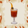 Hand drawn illustration of Contemporary Classics Blood Sand cocktail with orange twist garnish. Sketch vector set Royalty Free Stock Photo