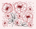 hand drawn illustration, contour red poppies, black stems with leaves on a blurred pink background