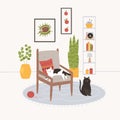 Hand drawn illustration of a cosy room with armchair, plants in pots, decorations, carpet and cats Royalty Free Stock Photo