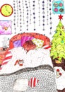 Hand drawn illustration. Cozy bedroom interior with girl sleeping on the bed with knitted plaid and cat. Decorated Christmas tree. Royalty Free Stock Photo