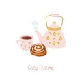 Hand drawn illustration of cozy teatime, pink kettle with a cup of tea and cinnamon roll