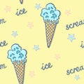 Hand drawn illustration of crazy funny creepy zombie cartoon cone waffle blue ice cream with blue and peach pink stars and letteri Royalty Free Stock Photo