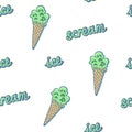 Hand drawn illustration of crazy funny creepy zombie cartoon cone waffle green dripping ice cream and lettering Royalty Free Stock Photo