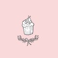 Hand drawn illustration cupcake with cream and fruits on pink background.