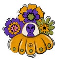 Hand drawn illustration of cute funny alien in ufo spacship saucer, colorful hippie groovy flowers. peace space cosmos