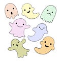 Hand-drawn illustration of cute ghosts in pastel colors. Doodles, stickers, decor for children\'s textiles