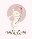 Hand drawn illustration with cute little white bunny character hold big chrysanthemum flower isolated.