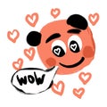 Hand drawn illustration of cute orange black character with wow speech bubble and hearts. Surprise emotion, fall in love