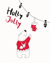 Hand drawn illustration with cute polar bear reaches for christmas sock, lettering text Holly Jolly.