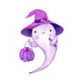 Hand drawn illustration of cute purple Halloween ghost in witch hat with trick or treat pumpkin. Funny kids nursery