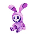 Hand drawn illustration of cute purple Halloween rabbit bunny with skeleton skull, horror toy. Funny kids nursery