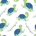 Hand drawn illustration of a cute turtle on a skateboard . Vector seamless pattern