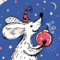 Hand drawn illustration with cute white rat holds in its paws a large Christmas ball.