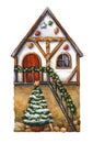 Hand-drawn illustration of decorated two-storied Christmas house