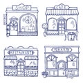 Hand drawn illustration of different buildings and market places. Restaurant, cafe, bar and shop Royalty Free Stock Photo