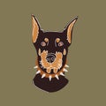 Hand-drawn illustration of a dog. Doberman portrait made in a pleasant green color scheme, inspired by African motifs