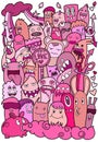 Hand Drawn Illustration of doodle monster valentine.pink color of love