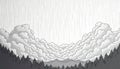 Hand drawn illustration of dramatic sky with rain clouds. Line art style thick layer of clouds. Silhouette of forest with
