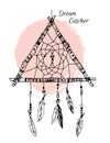 Hand drawn illustration - Dream catcher in triangle form. Tribal