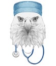 Portrait of Eagle with doctor cap and stethoscope. Hand-drawn illustration. Royalty Free Stock Photo
