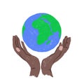 Hand drawn illustration of Earth Day globe planet ecology protection black African American hands holding. Blue green Royalty Free Stock Photo