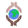 Hand drawn illustration of Earth Day globe planet ecology protection, human hands holding. Blue green sphere with ocean