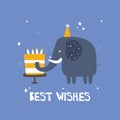 Hand drawn illustration, elephant, cake, stars, english text. Colorful background, funny animal. Best wishes