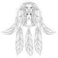 Hand drawn illustration of ethnic dream catcher with girl in lion head mask in zentangle graphic style, native american symbol