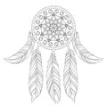 Hand drawn illustration of ethnic dream catcher in zentangle graphic style, native american symbol for greeting