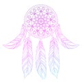 Hand drawn illustration of ethnic pink dream catcher in zentangle style, native american symbol for greeting