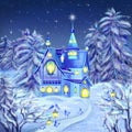 Hand drawn illustration of fairytale forest and a castle Royalty Free Stock Photo