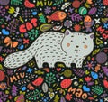 Hand-drawn illustration. A fat gray cat surrounded by flowers, fish, toys and other feline staff. Doodle style. On a