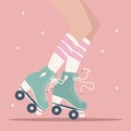 Hand drawn illustration with female legs and tube socks and retro roller skates. Colorful vector