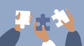 Hand drawn illustration in flat style - hands assemble puzzle