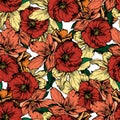 Hand drawn illustration. Flowers and red poppies. Seamless pattern.