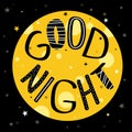 Hand drawn colorful illustration with full moon, stars and english text. Good night, poster design Royalty Free Stock Photo